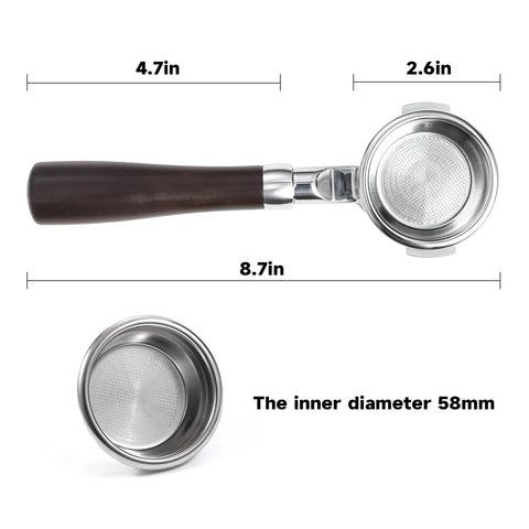 58mm Bottomless Portafilter Featuring Smooth Wood Ergonomic Handle And Double Shot Filter Basket For Breville Oracle Espresso Machines, top view with dimensions.