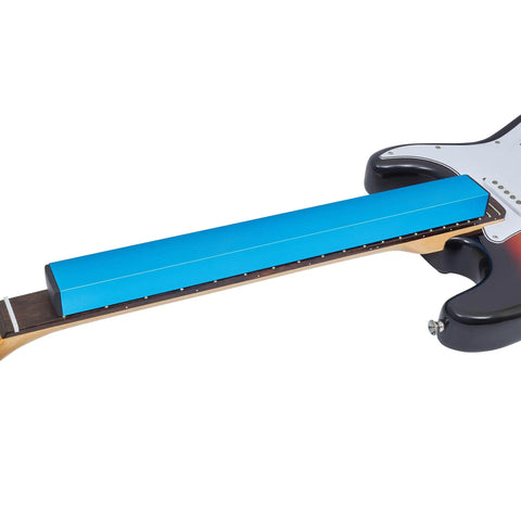 Professional Guitar Fret Leveling Beam And Sanding Block Precision Ground Steel Rail For Quick Fret Sanding And Perfect String Action Setup positioned on a guitar neck.