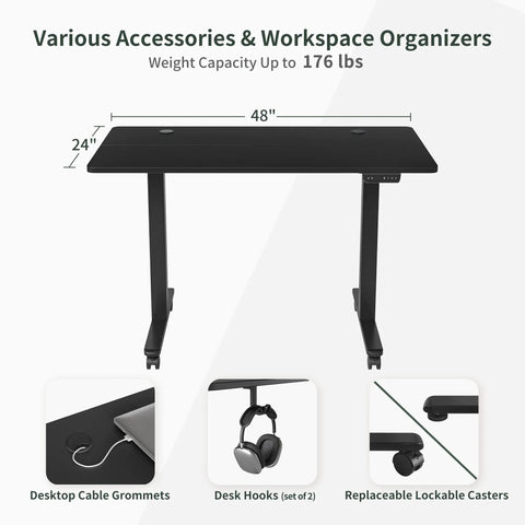Slick Smooth Electric Sit Stand Desk 48 By 24 Inch Heavy Duty Adjustable Height Workstation with hooks and grommets.
