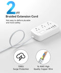 Two Foot Short Extension Cord Power Strip With Flat Plug Six Outlets And Three USB Ports 5V 3.4A 17W Surge Protector Space Saving Desk Mountable Wall Outlet Splitter For Home Office Dorm Room White, 2 ft braided cord