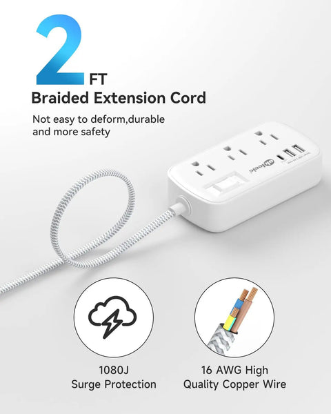 Two Foot Short Extension Cord Power Strip With Flat Plug Six Outlets And Three USB Ports 5V 3.4A 17W Surge Protector Space Saving Desk Mountable Wall Outlet Splitter For Home Office Dorm Room White, 2 ft braided cord