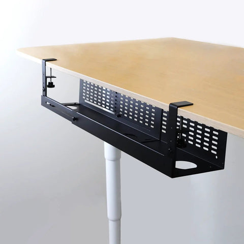 Under Desk Cable Management Tray Kit With Horizontal Design Extends Up To 41 Inches No Drill C Clamp Mount Removable And Reversible Cord Raceway With Modesty Panel For Large Desks Black