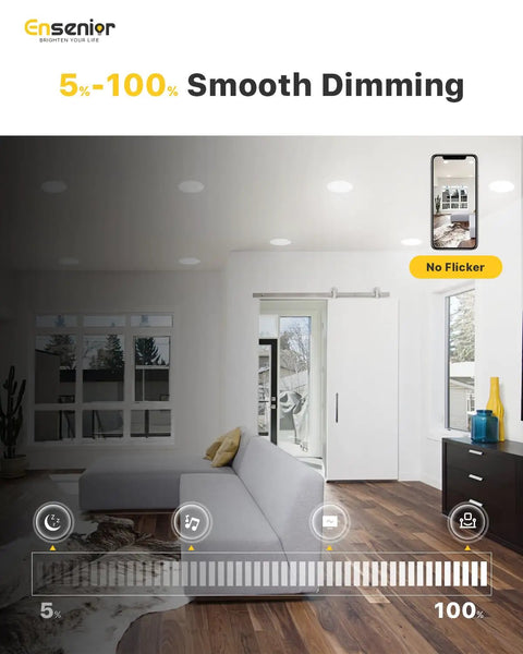 Living room with Six Pack 4 Inch LED Recessed Light Dimmable 5000K Daylight 750LM Ultra Thin Canless Wafer Ceiling Light on low dim