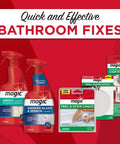 Quick and effective bathroom fix products including grout and shower cleaner, peel and stick caulk, wall guard patch.