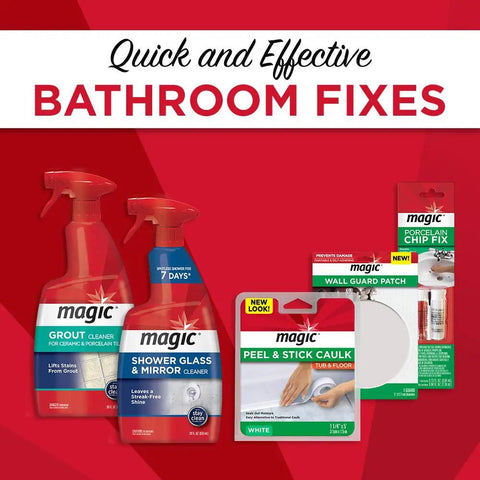 Quick and effective bathroom fix products including grout and shower cleaner, peel and stick caulk, wall guard patch.