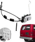 Door Latch Assembly With Cable And Rod For Ford Econoline E150 E250 E350 Vans 1992 2019 Rear Right Side Replacement Lock Latch Actuator AC2Z15431A02A 6C2Z-15431A02-AA No Fuss Easy Install Durable shown with red van and installation close-up