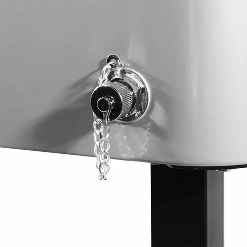 Close-up of drain plug on 80 Quart Rolling Cooler On Wheels For Backyard BBQ And Patio Parties, Ice Chest With Shelf and Stand.
