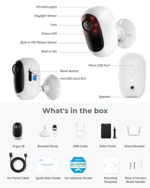 Solar Wireless Security Camera For Home 2K Clarity, Indoor Outdoor, product diagram showing camera features and box contents