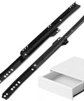 Black iron bottom mount drawer slides with smooth opening for furniture projects, shown with white drawer example