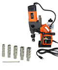 Pro Level Magnetic Drill Press With 1700 Watt Variable Speed Motor And Seven Piece Annular Cutter Kit Featuring 1.8 Inch Capacity showing drill and cutters.