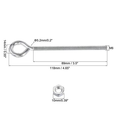M6x90mm Eye Hooks Screws Kit 10 Pcs Carbon Steel Hanger Eyelets With Hex Nuts For Metal And Wood Hooks 14mm Eye Internal Diameter 89mm Thread Length White Zinc Plated Heavy Duty Gear Set, M6 eye screw with nut