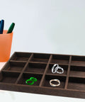 Vintage Solid Wood Jewelry Tray With 12 Spacious Compartments featuring rings in compartments on a vanity surface.