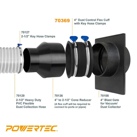 4 Inch To 2-1/2 Inch Dust Collection Reducer with flexible cuff, stainless steel clamps, and parts, shown disassembled and labeled.