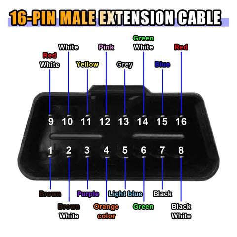 16 Pin J1962 OBD II Male Connector Cable wiring diagram with labeled color-coded wires for DIY car diagnostics