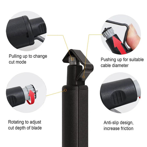 Round Cable Stripper Tool With Adjustable Cutting Depth And 90 Degree Blade for precise jacket removal, features labeled