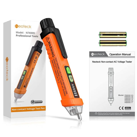 Non Contact AC Voltage Tester Pen 12 To 1000V With LED Flashlight and Audible Buzzer, box, batteries, manual shown