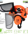 3 In 1 Arborist Safety Helmet With Mesh Face Shield And Removable Ear Muffs For Chainsaw Work, Adjustable ABS Hard Hat, 25 DB NRR Hearing Protection, All In One Chainsaw Safety Gear with adjustable visor and ANSI certification icons.