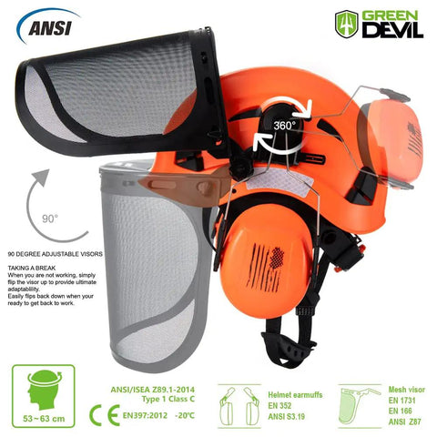 3 In 1 Arborist Safety Helmet With Mesh Face Shield And Removable Ear Muffs For Chainsaw Work, Adjustable ABS Hard Hat, 25 DB NRR Hearing Protection, All In One Chainsaw Safety Gear with adjustable visor and ANSI certification icons.