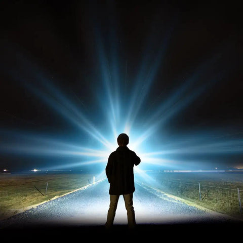 Person using Flateye High Performance Flashlight With Cree LED Multi Position Beam Waterproof And Shockproof 1700 Lumens at night