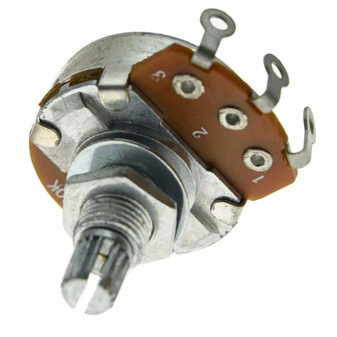 Close-up of 5 Pack Linear Guitar Pots 500K Volume For Electric Guitars, Big 24mm Base, Long Split Shaft, B500K Potentiometer