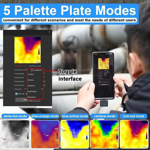 Portable Infrared Thermal Imaging Camera With USB Type C For Android Phone 32 By 32 Resolution Minus 20 To 1000 Celsius Range Real Time IR Imaging Handy TinyThermalImager App Upgrade From Google Play For Quick Field Scans shown in use with 5 palette plate modes displayed on screen.