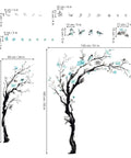 Epic Watercolor Tree Wall Decals With Blue Flower Branches Easy Peel And Stick Waterproof And Removable Perfect For Living Room Bedroom Or Kitchen Decor Giant Size Options 63 Inch Or 48 Inch measuring diagram with flower and bird details