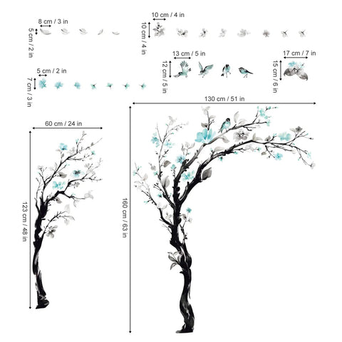 Epic Watercolor Tree Wall Decals With Blue Flower Branches Easy Peel And Stick Waterproof And Removable Perfect For Living Room Bedroom Or Kitchen Decor Giant Size Options 63 Inch Or 48 Inch measuring diagram with flower and bird details