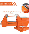 Heavy Duty 5 Inch Bench Vise With Swivel Base And Anvil, orange multi jaw clamp in side view with anti-slip jaw detail.