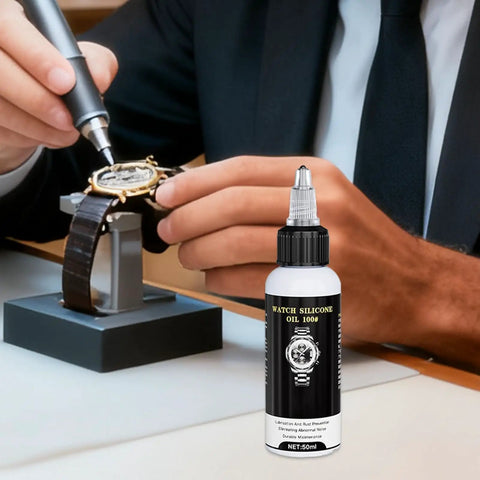 Pro Grade Clock Lubricant And Maintenance Grease For Grandfather Clocks And Watches, 50ml bottle next to a watch being repaired.