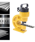 Heavy Duty Hydraulic Crimping Tool And Hole Punching Machine For Bus Bars High Speed Iron Working 374 Inch Depth 31 Ton Pressure Rust Resistant Steel Build Long Lasting Performance Comfortable Grip Design side view with metal plate and holes visible.