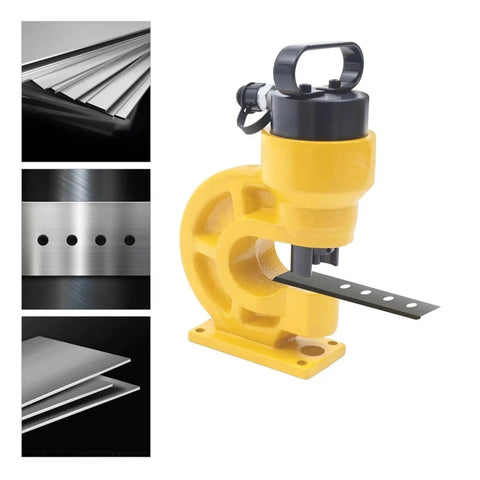 Heavy Duty Hydraulic Crimping Tool And Hole Punching Machine For Bus Bars High Speed Iron Working 374 Inch Depth 31 Ton Pressure Rust Resistant Steel Build Long Lasting Performance Comfortable Grip Design side view with metal plate and holes visible.
