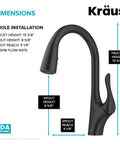 Image of Merlin Transitional Pull-Down Kitchen Faucet with dimensions and matte black finish