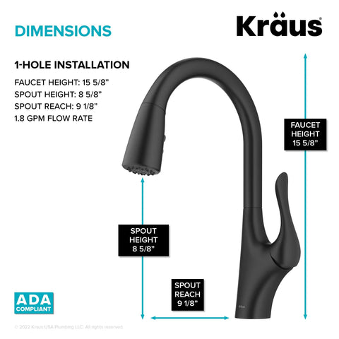 Image of Merlin Transitional Pull-Down Kitchen Faucet with dimensions and matte black finish