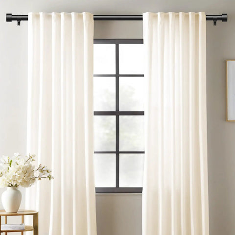 Two Pack Adjustable Curtain Rods 32 To 60 Inches, 1 Inch Black Heavy Duty Drapery Rod Set with curtains on window