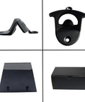 Rock Solid Black Cast Iron Wall Mounted Bottle Opener With Cap Catcher Tray For Beer And Soda Badass Metal Bar Accessory top and side views.