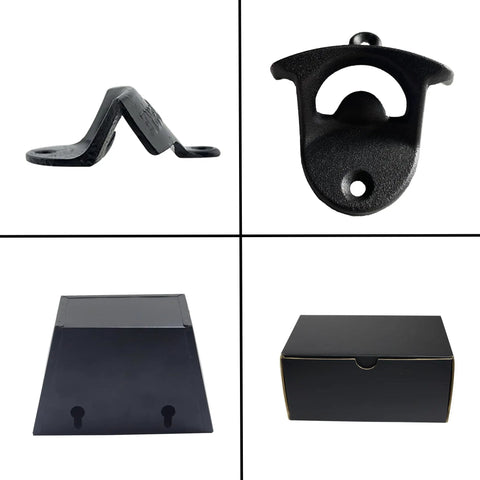 Rock Solid Black Cast Iron Wall Mounted Bottle Opener With Cap Catcher Tray For Beer And Soda Badass Metal Bar Accessory top and side views.