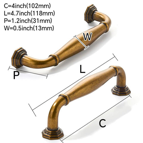 10 Pack 4 Inch Center To Center Antique Brass Cabinet Pulls for Dressers Bathrooms and Kitchen Cabinets, dimensional view.