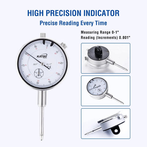 KATSU Tools dial indicator with magnetic base, front view; chrome body and white dial.