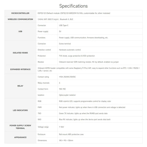 Specifications table for Six Channel ESP32S3 WiFi Relay Module With RS485 And Bluetooth Pico HAT Interfaces, detailing features and functions