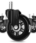 Smooth As Butter Three Inch Rollerblade Casters For Office And Gaming Chairs with black rubber wheels and silver stems in a set of five.