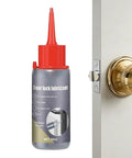 Lock Lubricant Powder For Keyholes And Lock Cores, Friction Free Graphite Lube bottle beside a gold door lock for easy apply