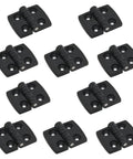 Set of 10 black plastic door hinges for cabinets and drawers with bearing butt design, arranged in a grid.