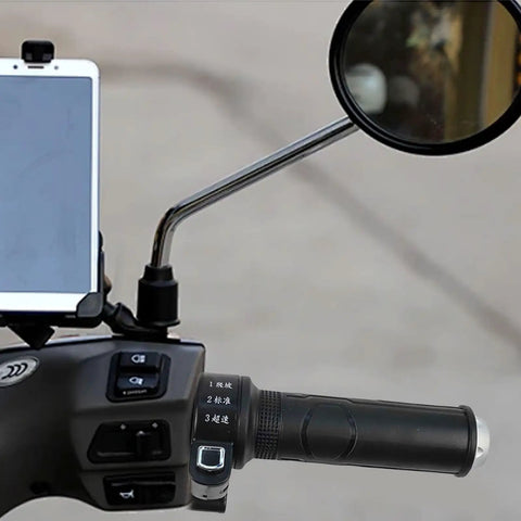 Ride Smooth With This Electric Scooter Throttle Handle Featuring 3-Speed ABS Switch For Precise Control And Weather-Resistant Waterproof Design To Up Your Daily Commute Game. black scooter handlebar throttle with 3-speed switch and mirror mount
