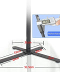 Heavy Duty Floor TV Stand For Triple Displays With Fully Adjustable Arms For 14 To 27 Inch Screens Swivel Casters And Vesa 100 By 100 Support base measurements highlighting thicker steel plate.