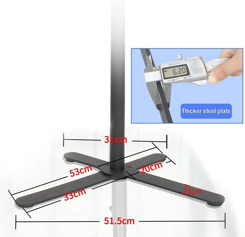Heavy Duty Floor TV Stand For Triple Displays With Fully Adjustable Arms For 14 To 27 Inch Screens Swivel Casters And Vesa 100 By 100 Support base measurements highlighting thicker steel plate.