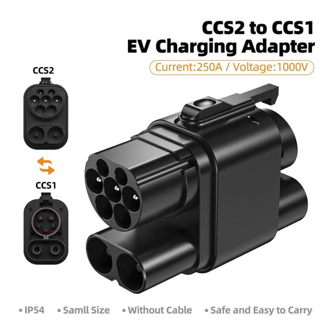 Smooth Plug And Play CCS2 To CCS1 DC Fast Charging Adapter Cranks Out 250kW Power with dual port design and IP54 rating.