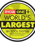 RYOBI 18V tool system logo, showcasing world's largest 18V tool system branding in vivid colors.