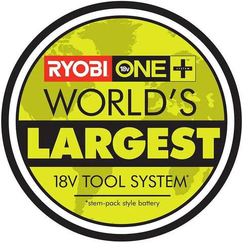 RYOBI 18V tool system logo, showcasing world's largest 18V tool system branding in vivid colors.