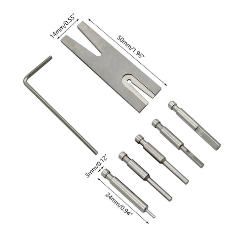Pinion Gear Puller Kit For RC Motors And Pinion Removal tool set with five pins and L-shaped wrench on white background