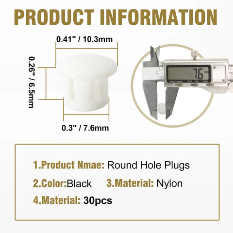 Product information of 30 Pack 8mm White Plastic Hole Plugs with Snap In Locking End Caps, nylon material, for furniture and pipes